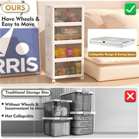 4 Tier Stackable Plastic Storage Bins with Lid Wheels Closet Organizer 92QT - Picture 3 of 7